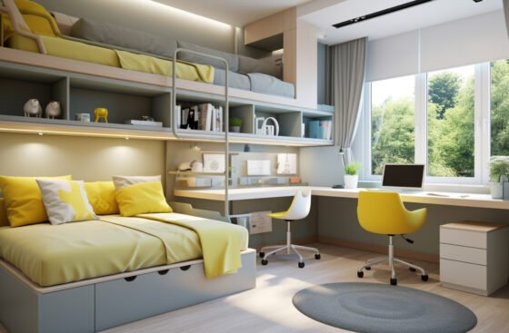 Picture a modern kid's room duplex with a distinct division of space. The lower floor is dedicated for study, featuring a sleek study desk, ergonomic furniture, and smart lighting that adjusts based on the time of day. The upper floor is a comfortable sleeping space. Small square room. The furniture has soft and round edges. The style is ultra-modern The composition is a wide-angle shot, capturing the duplex‚Äôs efficient use of space and technology. Use photo hyper-realism, highly detailed, and high-resolution 16k. --ar 16:9 --style raw --v 5.2 Job ID: 1e081c63-76fe-4d93-8bcf-f39e5d7b6f9a